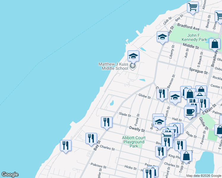 map of restaurants, bars, coffee shops, grocery stores, and more near 9 Riverview Street in Fall River