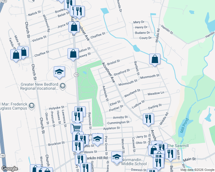 map of restaurants, bars, coffee shops, grocery stores, and more near 1043 Beckett Street in New Bedford
