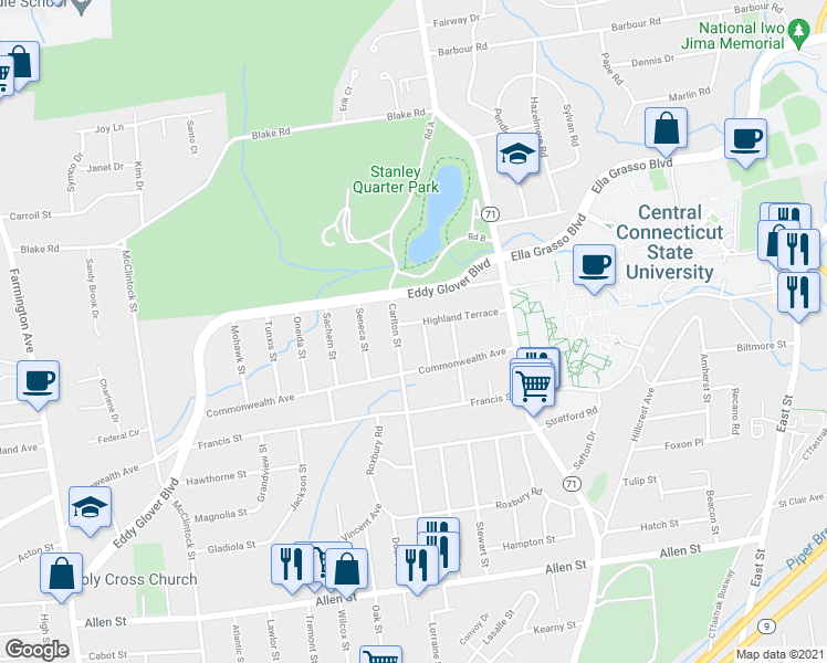 map of restaurants, bars, coffee shops, grocery stores, and more near 102 Highland Terrace in New Britain