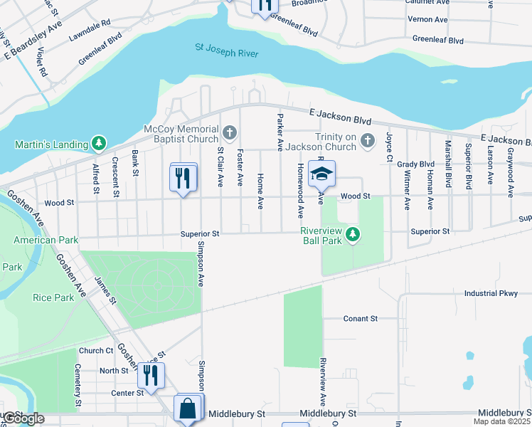 map of restaurants, bars, coffee shops, grocery stores, and more near 244 Home Avenue in Elkhart