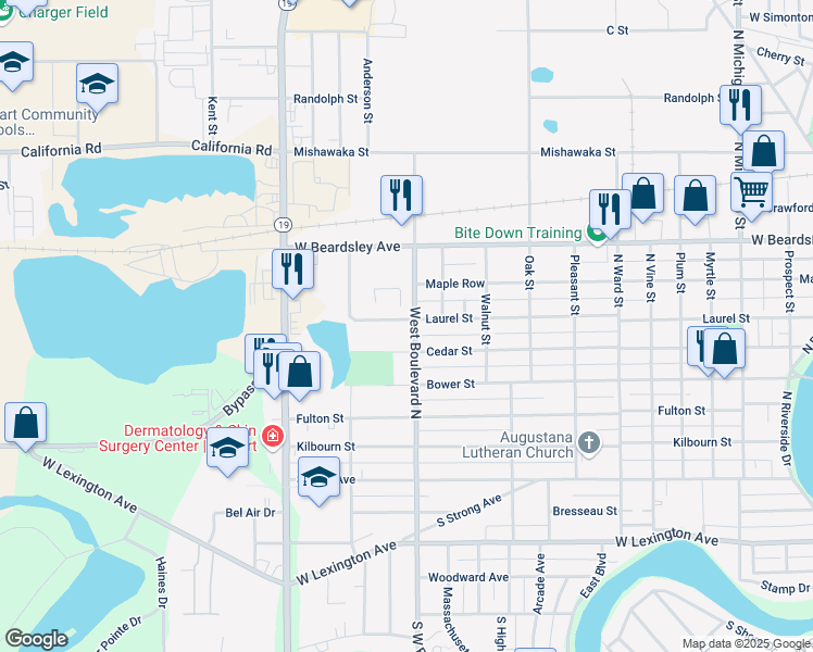 map of restaurants, bars, coffee shops, grocery stores, and more near 1517 Maple Row in Elkhart