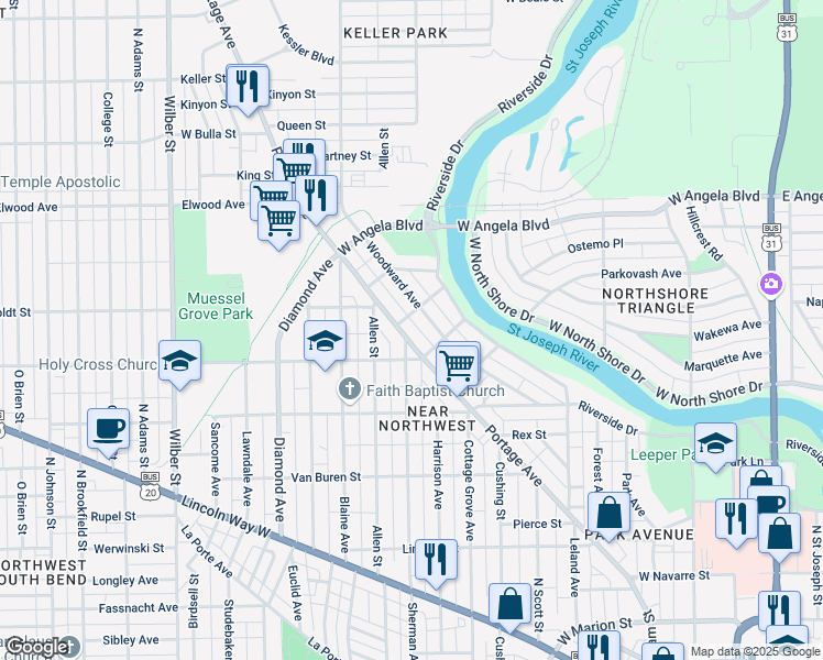map of restaurants, bars, coffee shops, grocery stores, and more near 1209 Woodward Avenue in South Bend