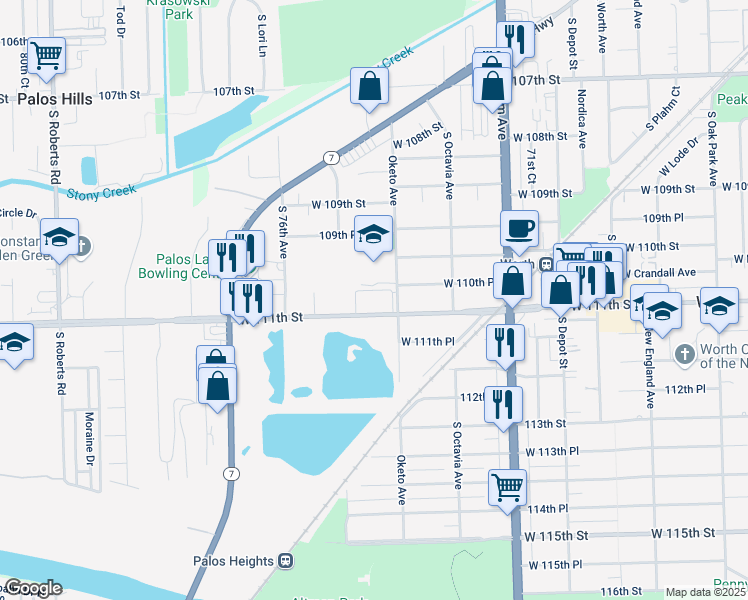 map of restaurants, bars, coffee shops, grocery stores, and more near 11026 Oketo Avenue in Worth