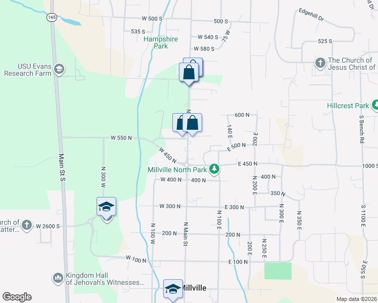 map of restaurants, bars, coffee shops, grocery stores, and more near 85 East 500 North in Logan