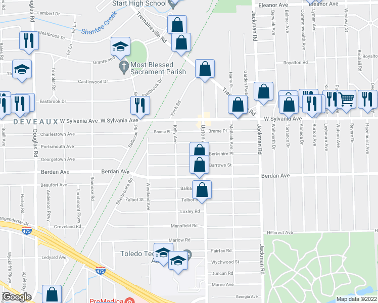 map of restaurants, bars, coffee shops, grocery stores, and more near 1930 Berkshire Place in Toledo