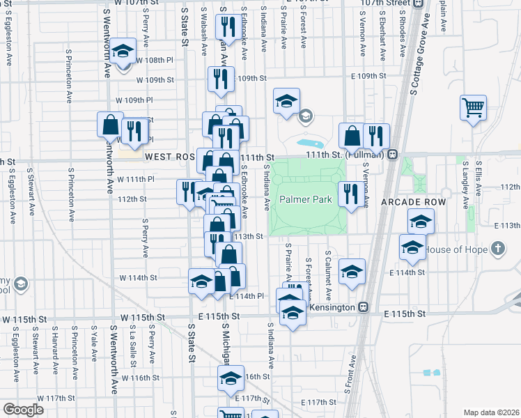 map of restaurants, bars, coffee shops, grocery stores, and more near 11218 South Indiana Avenue in Chicago