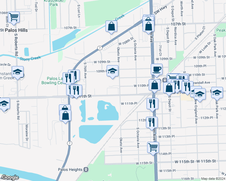 map of restaurants, bars, coffee shops, grocery stores, and more near 7412 West 111th Street in Worth