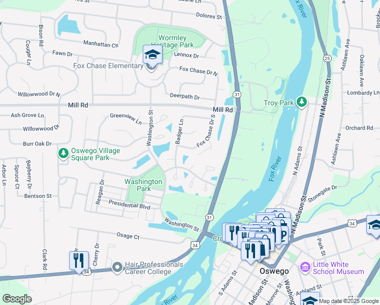 map of restaurants, bars, coffee shops, grocery stores, and more near 103 Fox Chase Drive South in Oswego