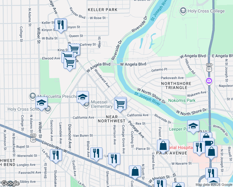 map of restaurants, bars, coffee shops, grocery stores, and more near 1121-1129 Riverside Drive in South Bend