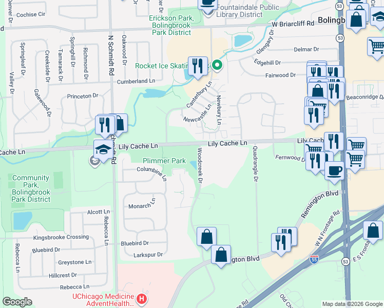 map of restaurants, bars, coffee shops, grocery stores, and more near 351 Lily Cache Lane in Bolingbrook