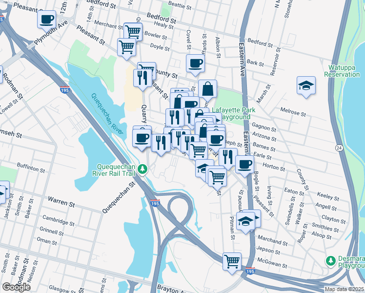 map of restaurants, bars, coffee shops, grocery stores, and more near 256 Flint Street in Fall River