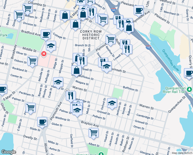 map of restaurants, bars, coffee shops, grocery stores, and more near 135 Snell Street in Fall River