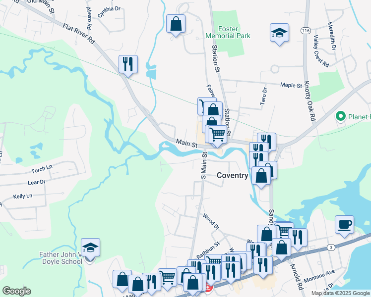 map of restaurants, bars, coffee shops, grocery stores, and more near 1197 Main Street in Coventry