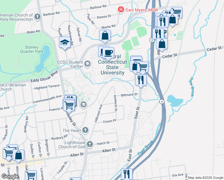 map of restaurants, bars, coffee shops, grocery stores, and more near 241 Amherst Street in New Britain