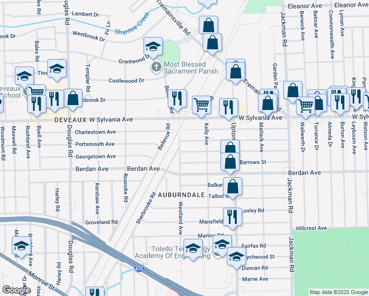 map of restaurants, bars, coffee shops, grocery stores, and more near 2040 Brussels Street in Toledo