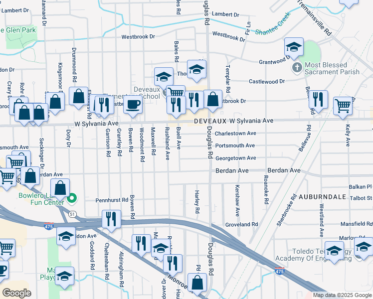 map of restaurants, bars, coffee shops, grocery stores, and more near 2545 Charlestown Avenue in Toledo
