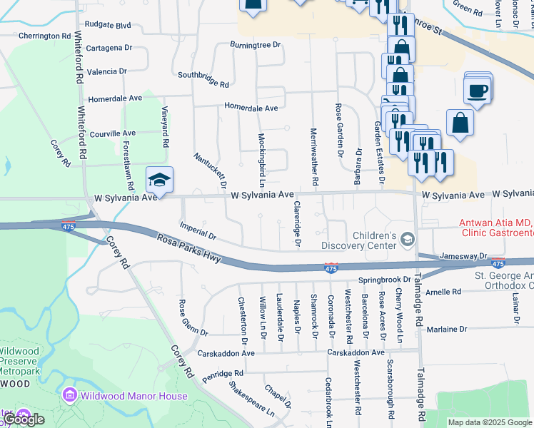 map of restaurants, bars, coffee shops, grocery stores, and more near 4643 West Sylvania Avenue in Toledo