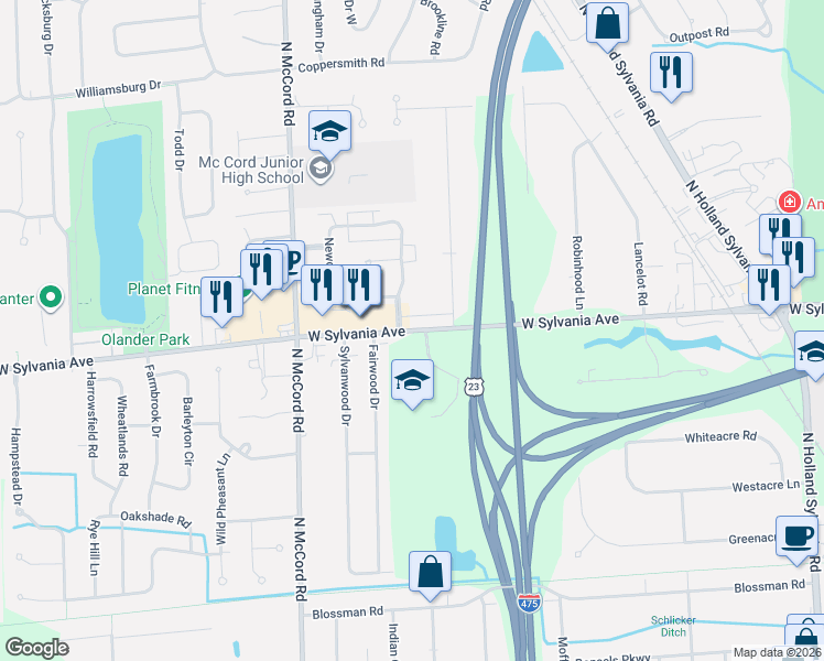 map of restaurants, bars, coffee shops, grocery stores, and more near 4026 Stonehenge Drive in Sylvania