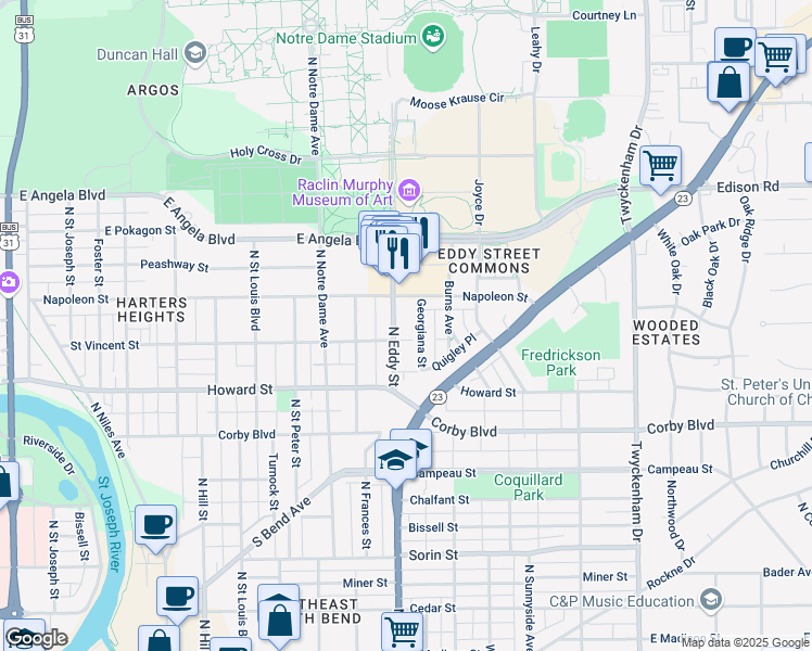 map of restaurants, bars, coffee shops, grocery stores, and more near 1147 Georgiana Street in South Bend