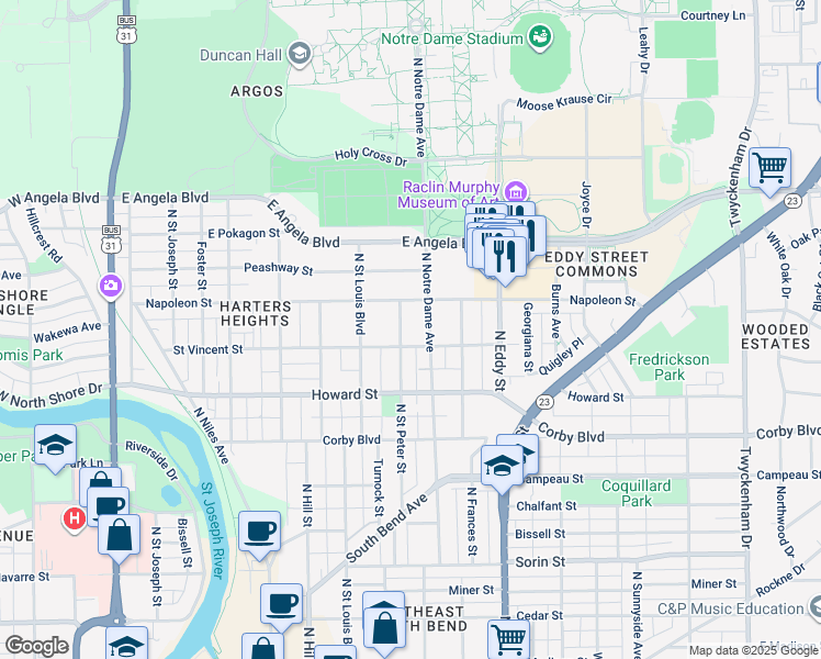 map of restaurants, bars, coffee shops, grocery stores, and more near 1127 North Saint Peter Street in South Bend