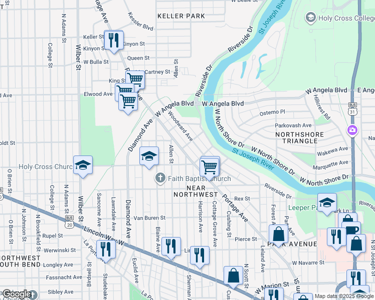 map of restaurants, bars, coffee shops, grocery stores, and more near 1209 Woodward Avenue in South Bend