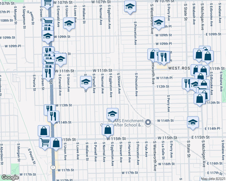 map of restaurants, bars, coffee shops, grocery stores, and more near 11150 South Stewart Avenue in Chicago