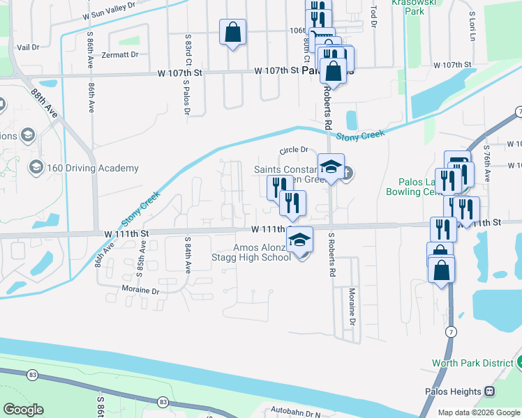 map of restaurants, bars, coffee shops, grocery stores, and more near 8138 Valley Court in Palos Hills