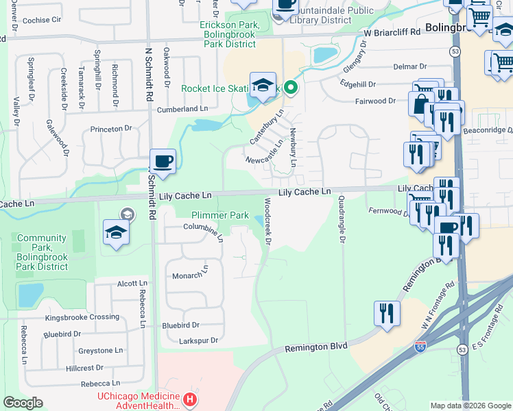 map of restaurants, bars, coffee shops, grocery stores, and more near 423 Lily Cache Lane in Bolingbrook