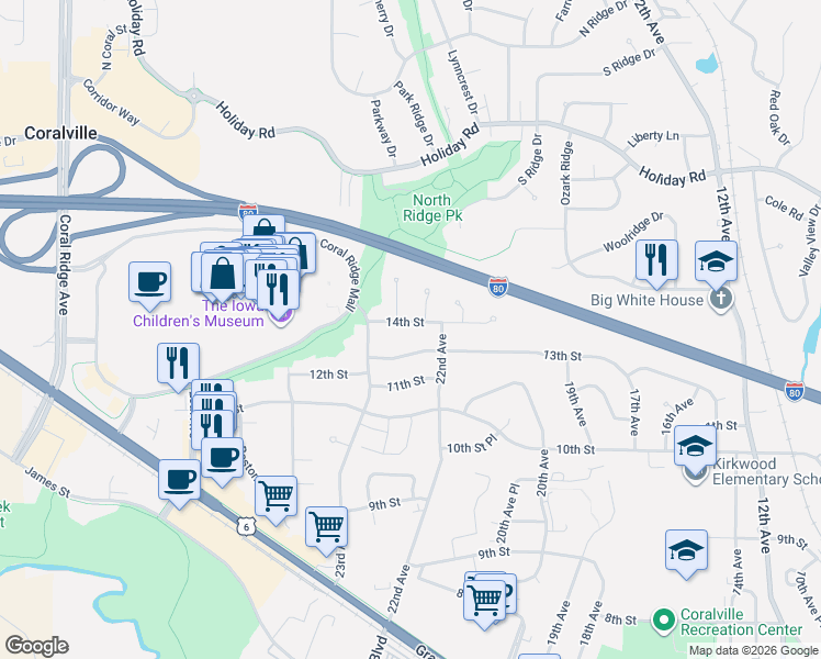 map of restaurants, bars, coffee shops, grocery stores, and more near 1408 Denali Court in Coralville