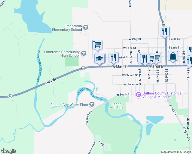 map of restaurants, bars, coffee shops, grocery stores, and more near 702 River Hills Addition in Panora