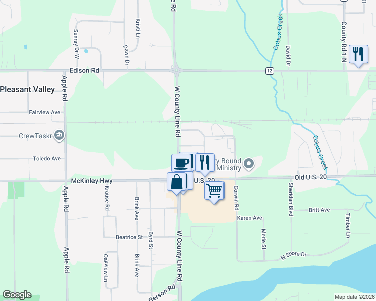 map of restaurants, bars, coffee shops, grocery stores, and more near 55302 Ash Road in Osceola
