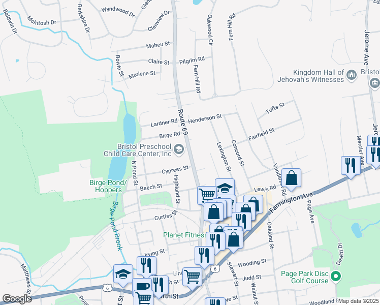 map of restaurants, bars, coffee shops, grocery stores, and more near 291 Burlington Avenue in Bristol