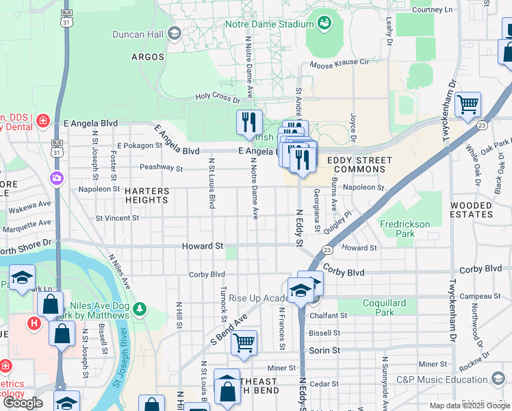 map of restaurants, bars, coffee shops, grocery stores, and more near 1136 North Notre Dame Avenue in South Bend