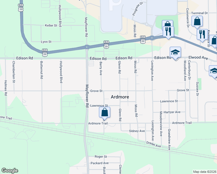 map of restaurants, bars, coffee shops, grocery stores, and more near 55161 Glenn Road in South Bend