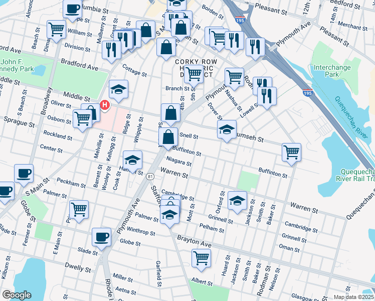 map of restaurants, bars, coffee shops, grocery stores, and more near 80 Buffinton Street in Fall River