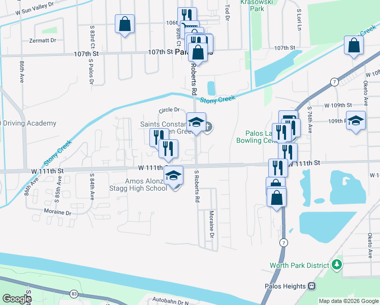 map of restaurants, bars, coffee shops, grocery stores, and more near 11020 South Roberts Road in Palos Hills