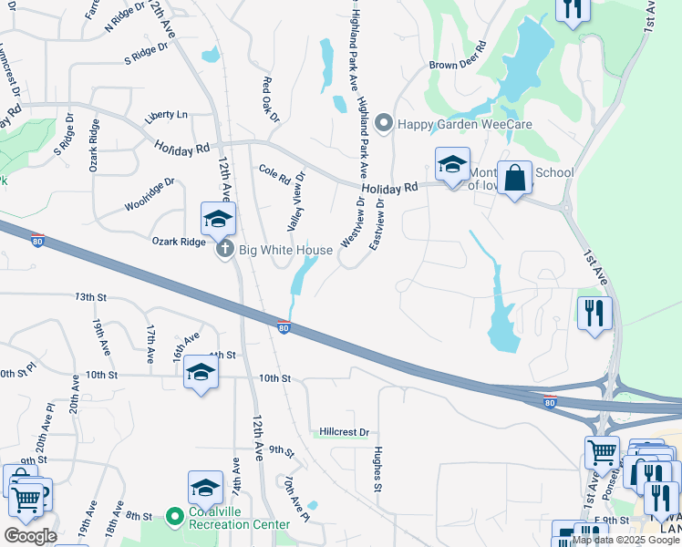 map of restaurants, bars, coffee shops, grocery stores, and more near 1422 Eastview Drive in Coralville