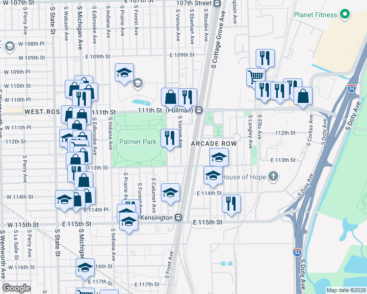 map of restaurants, bars, coffee shops, grocery stores, and more near 11219 South Vernon Avenue in Chicago