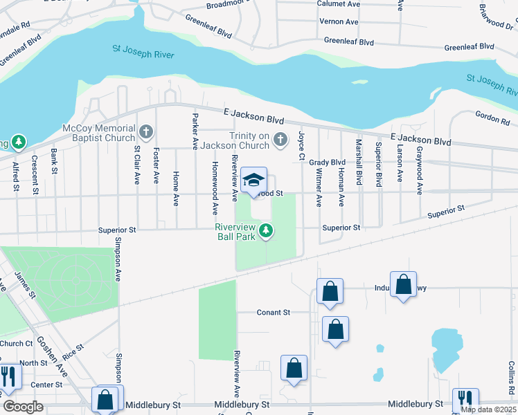 map of restaurants, bars, coffee shops, grocery stores, and more near 2509 Wood Street in Elkhart