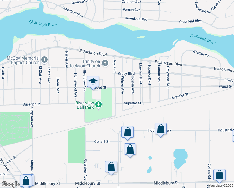map of restaurants, bars, coffee shops, grocery stores, and more near 200 Joyce Court in Elkhart