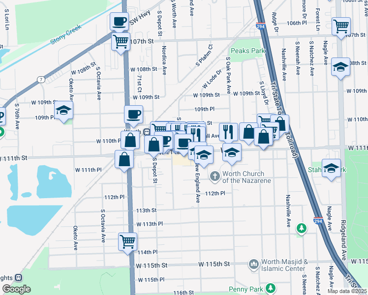 map of restaurants, bars, coffee shops, grocery stores, and more near 6947 West Crandall Avenue in Worth