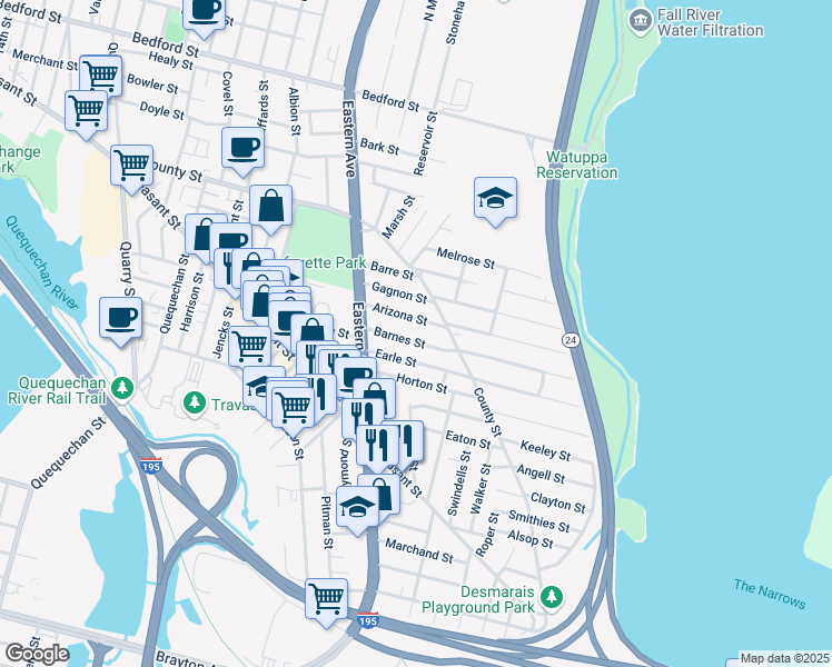 map of restaurants, bars, coffee shops, grocery stores, and more near 112 Arizona Street in Fall River