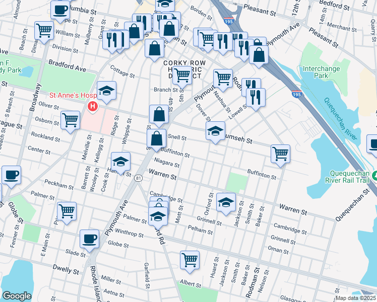 map of restaurants, bars, coffee shops, grocery stores, and more near 135 Snell Street in Fall River
