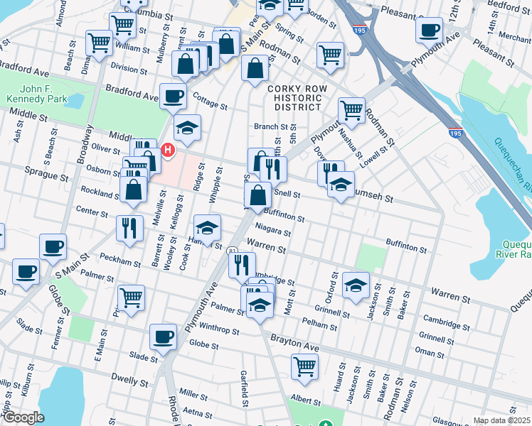 map of restaurants, bars, coffee shops, grocery stores, and more near 867 Plymouth Avenue in Fall River