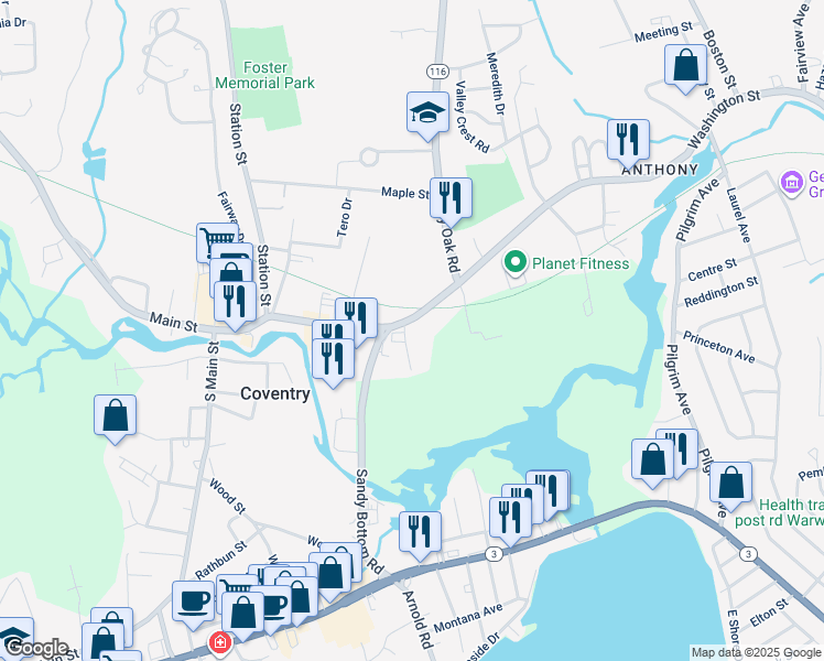 map of restaurants, bars, coffee shops, grocery stores, and more near 913 Main Street in Coventry