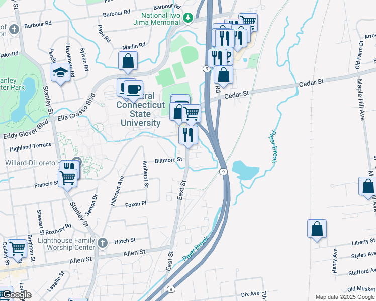 map of restaurants, bars, coffee shops, grocery stores, and more near 1412 East Street in New Britain