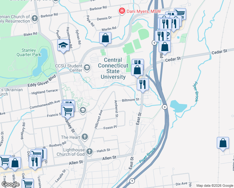 map of restaurants, bars, coffee shops, grocery stores, and more near 241 Amherst Street in New Britain