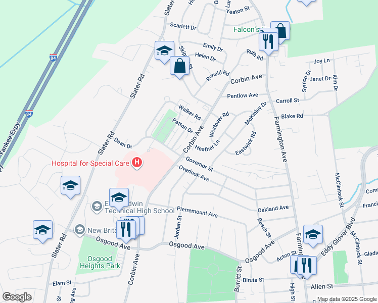 map of restaurants, bars, coffee shops, grocery stores, and more near 2280 Corbin Avenue in New Britain