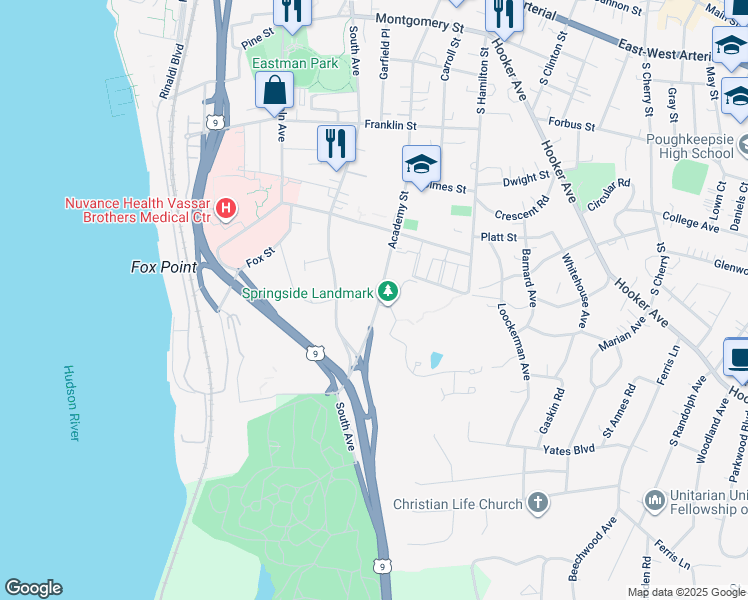 map of restaurants, bars, coffee shops, grocery stores, and more near 168 Academy Street in Poughkeepsie