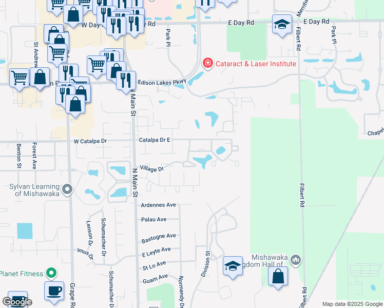 map of restaurants, bars, coffee shops, grocery stores, and more near 3259 Village Drive in Mishawaka